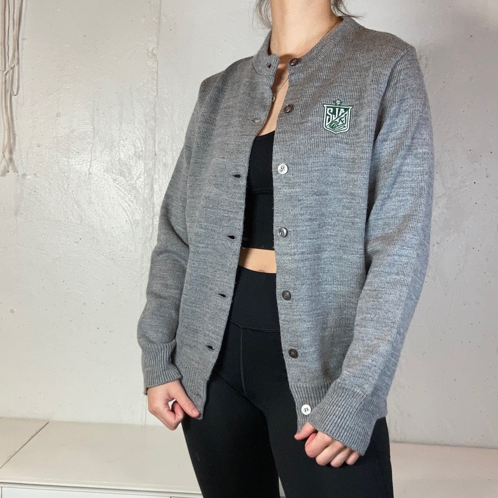 Preppy Embroidered Logo Gray Knit Button Down Cardigan Sweater